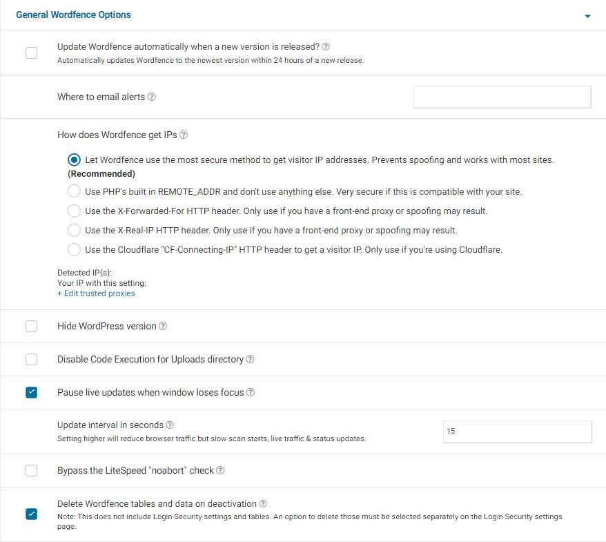 paramètres de sécurité wordfence